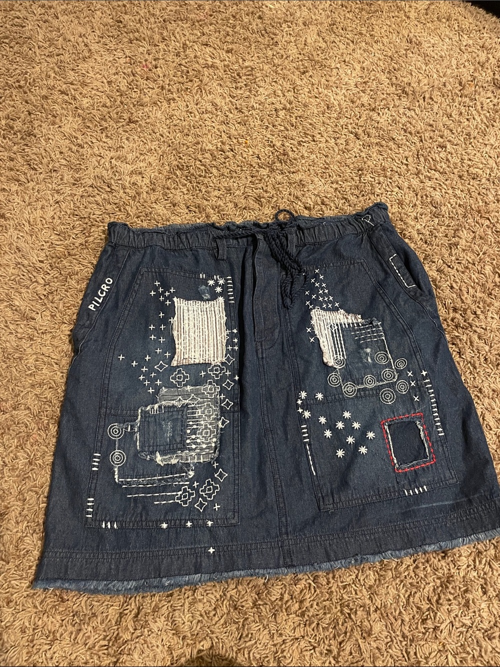 Pilcro Dark Blue Embroidered Denim A-Line Skirt